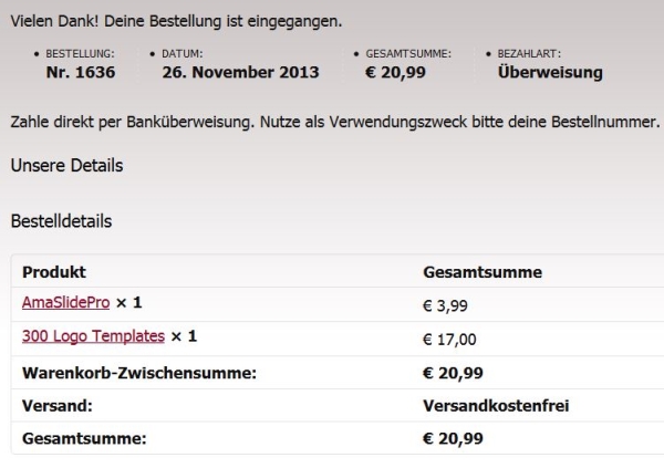 Bestellübersicht WooCommerce vorher