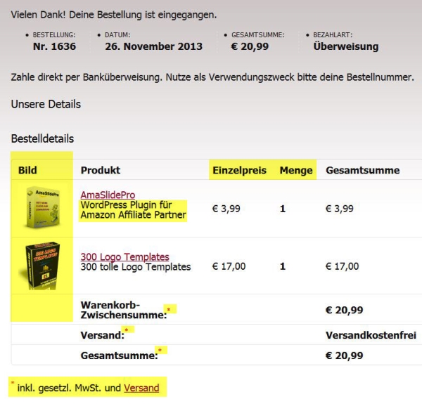 Bestellübersicht WooCommerce - nachher